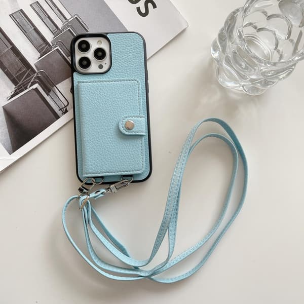 Fodral för iPhone 14max/plus himmelsblå snodd crossbody solid korthållare vikbart japanskt
