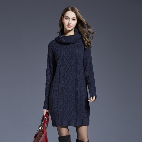 Kvinnor Stickad Wear Autumn Winter Sweater Plus Size Klänning Hög krage Lång Turtleneck Kvinna Dark Blue XXXXL