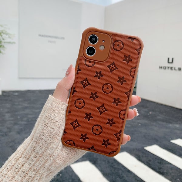 Fodral för iPhone 14 mörkbrun trendigt märke gammal blomma klistermärke läder mjuk