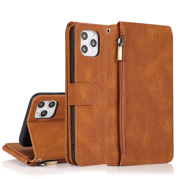 Etui til iPhone 14 Pro Max Brun læder med lynlås, multifunktionel kortholder pung