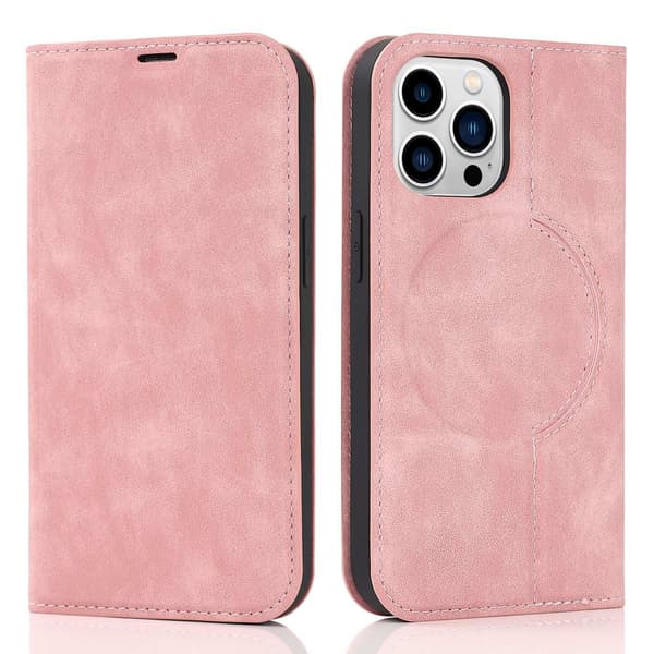 Fodral för iPhone 13 mini5.4 stöder trådlös laddning rosa läder magnetisk flip