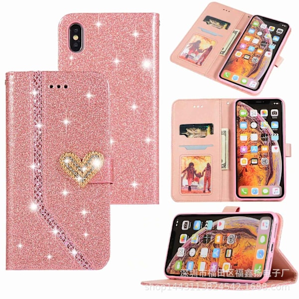 Kotelo iPhone 13 Pro Max puhelimelle, vaaleanpunainen sydän, glitter, timantti, korttipaikka, lompakko, nahka
