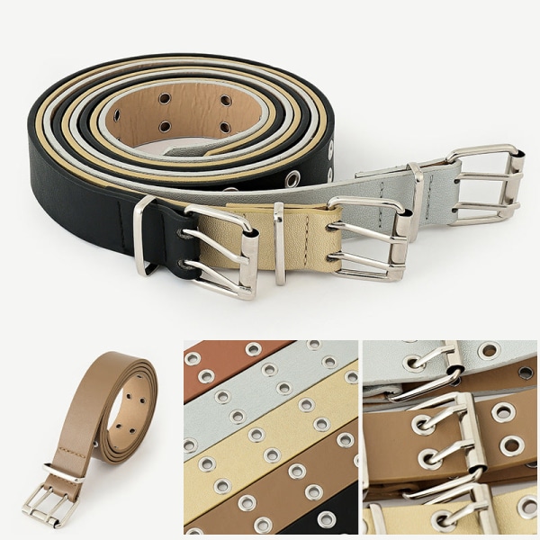 Women Belts Double Row Air Hole Belt Fashionable Faux Leather Simple Casual Decorative Hollow-out Full Hole Belt for Women Silver 105x2.8cm