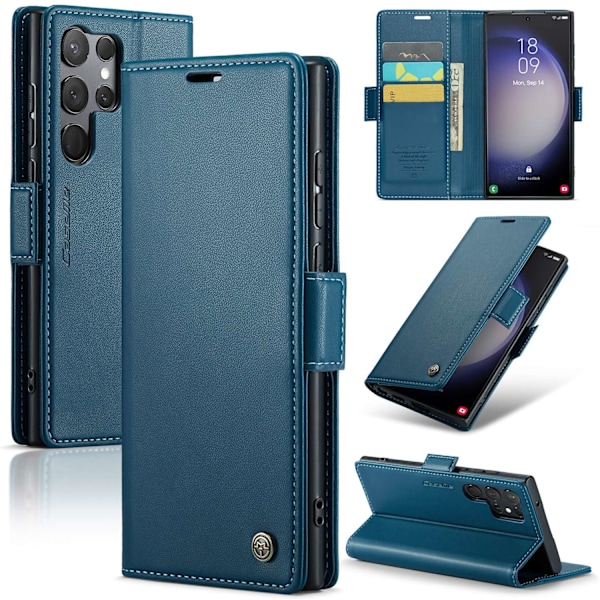 Fodral för iPhone 15 Plus blått stöldskydd läder kortplats