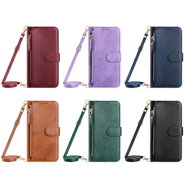 Etui til iPhoneSE 4 lang snor Notes Model Solid Multi Carat Lynlås Kortpung Læder