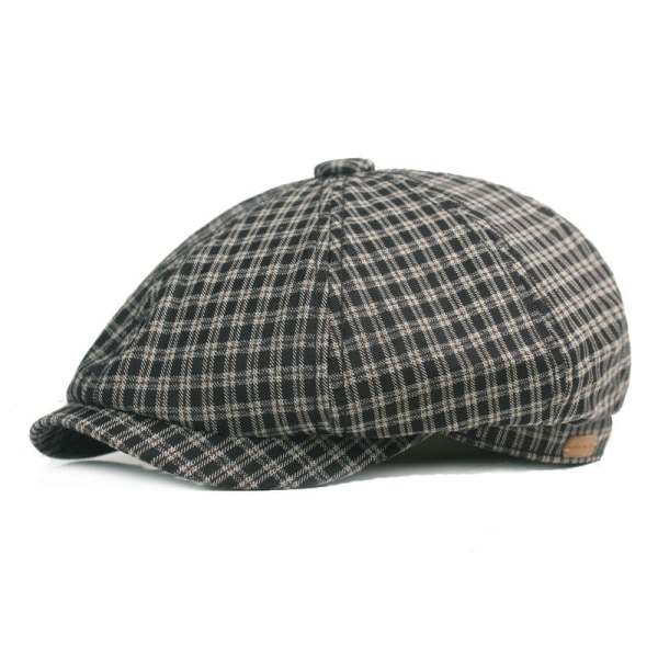 Barettihattu Ruutukangas Retro kahdeksankulmainen hattu Miesten Naiset Barettitaide Nuorten hattu Black Average Size (58cm)