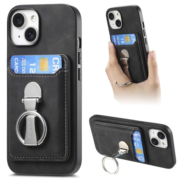 Etui til iPhone 16, sort, hudvenlig, magnetisk kortholder, svævende ring