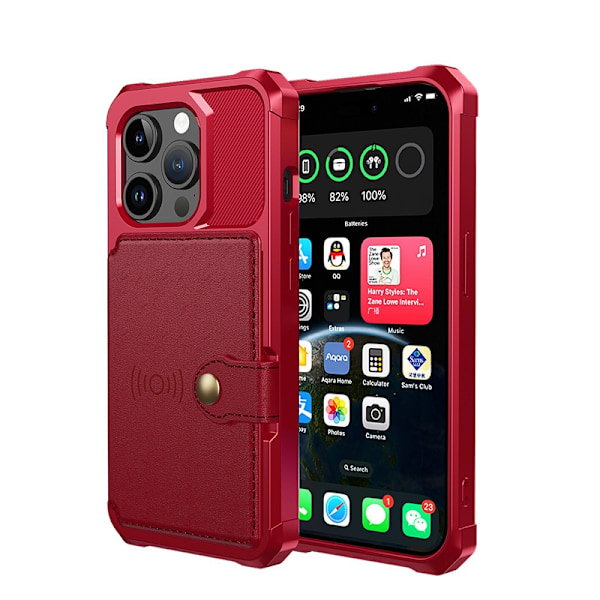 Fodral för iPhone15 rött kortfack plånbok multifunktion
