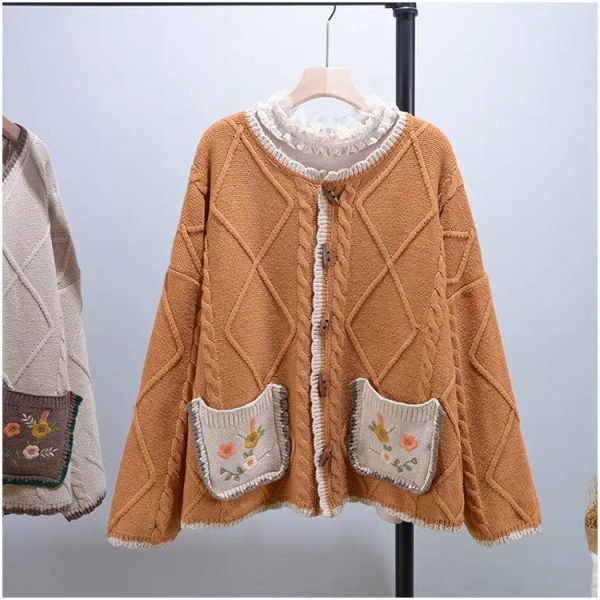 Strikkevarer for kvinner Høst Vinter Genser Horn Knapp Cardigan All-Match Liten Blomst Idle Style Kunstnerisk frakk Orange M