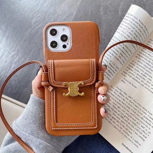 Etui til iPhone 15 Pro læder brun kortholder crossbody gammel blomst snor