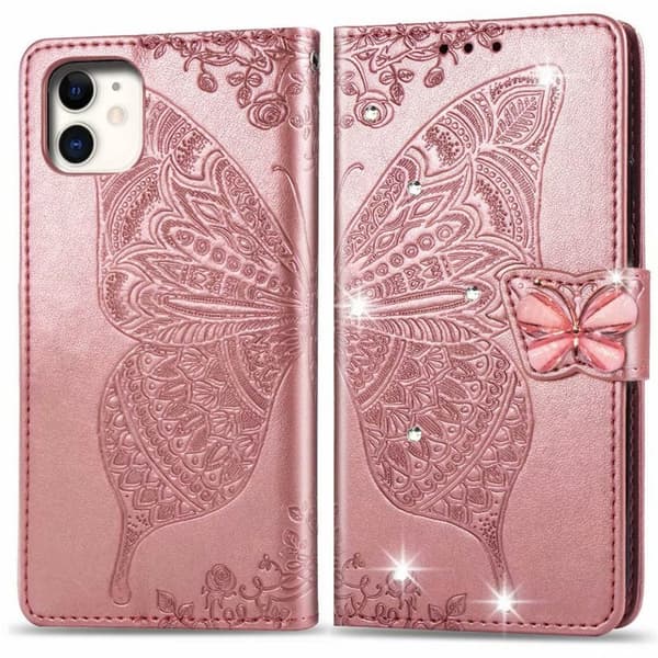 Etui til iPhone 14 Max rosaguld diamantpræget sommerfugl læder blomsterplade