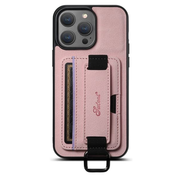 Etui til iPhone15 H13 lychee rosa kortinnsetting håndleddsstroppholder i lær