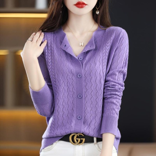 Kvinnor stickat höst vinter tröja rund hals Hollow Wool Cardigan enfärgad kappa Purple L