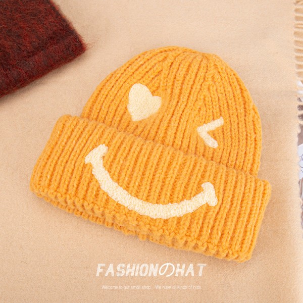 Varm vinterstickad mössmössa Broderade Smiley Cap Par Pullover Unisex Lemon yellow M