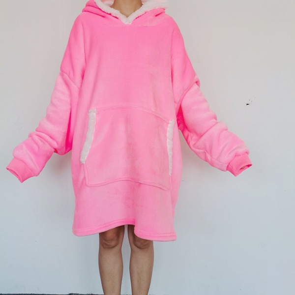 Flannel ruskinds tv-tæppe med lomme løs pullover Lazy Blanket Hættetrøje tæppe Deep pink 80*113cm