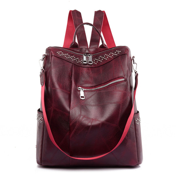 Kvinner jente ryggsekk skulderveske skoleveske Pu Soft Leather Large Capacity Bag Wine Red 36*32*15cm