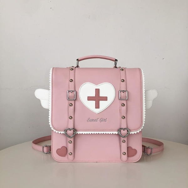 Kvinner jente ryggsekk skulderveske skolesekk Kontrast Stor kapasitet Allsidig Crossbody Bag Liten firkantet beltespenne Pink