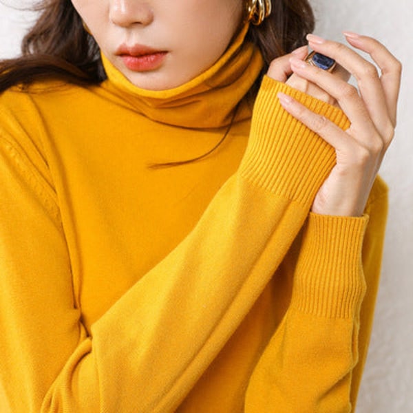 Naisten Neuleet Syksy Talvi Neule Turtleneck Neule Löysä kasa kaulus Peruspaita Slim Fit Turmeric L