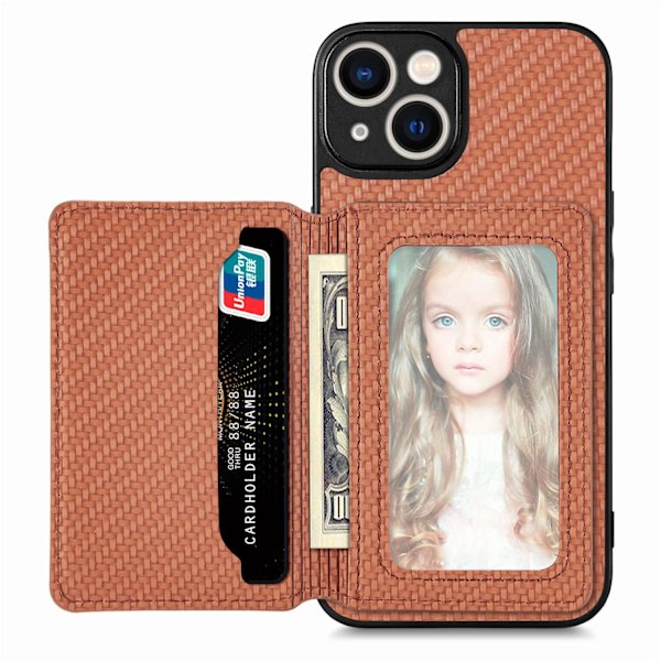 iPhone 16 Plus -kotelo, ruskea kuitukuvioinen lompakkokotelo, autokorttipidike