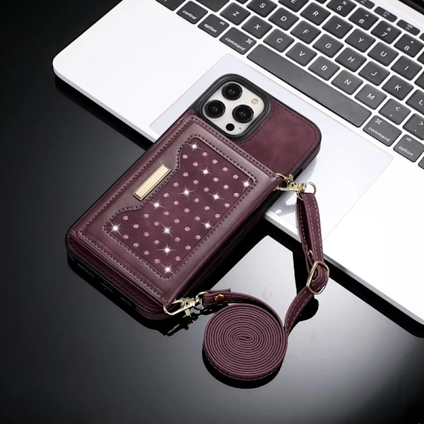 iPhone 14 -kotelo, kolmiosainen kaulanauhakassi, viininpunainen kolmiosainen kassi, timanttikorttipidike