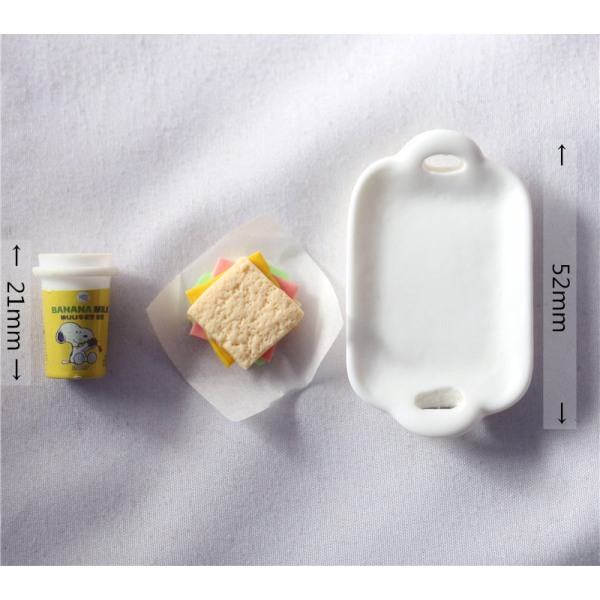 Miniature Møbler Legetøj Dukker Hus DIY Dekoration Tilbehør Mini Sandwich Mælk Te Sæt tallerken 3-piece set