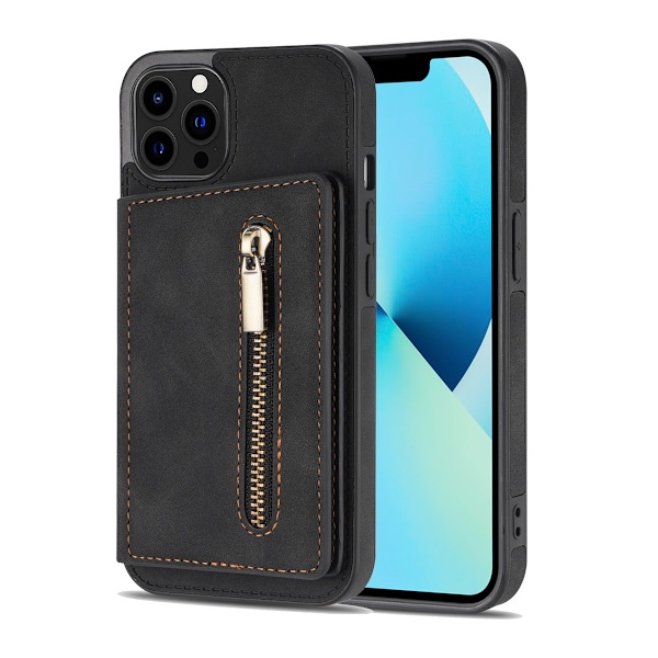 Etui til iPhone 14 6.1 sort lynlås kortholder fuld anti-fald mode