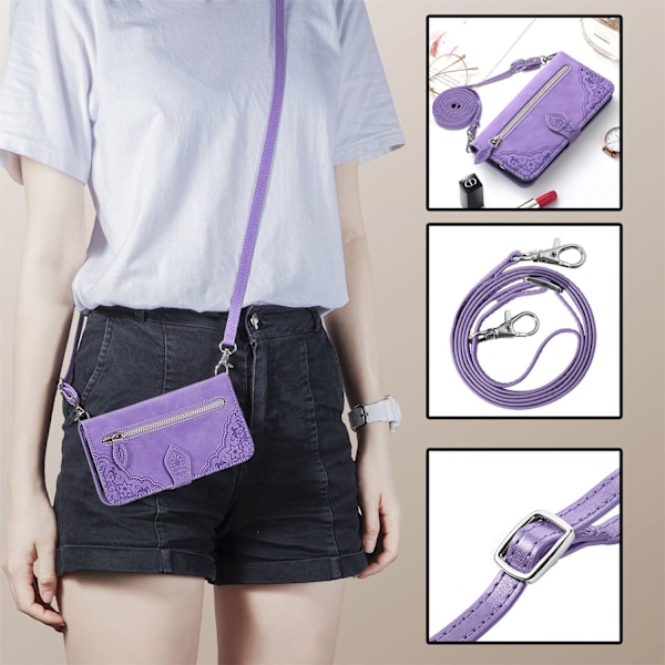 Fodral för iPhone 14 Plus, lila läder, extra lång crossbody-rem med dragkedja
