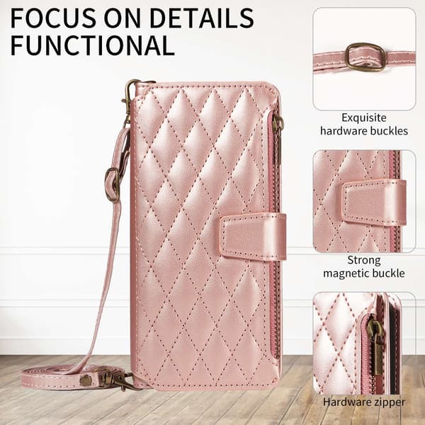 Etui til iPhone 16 Pro rosa lang snor lær flip fullage anti-fall