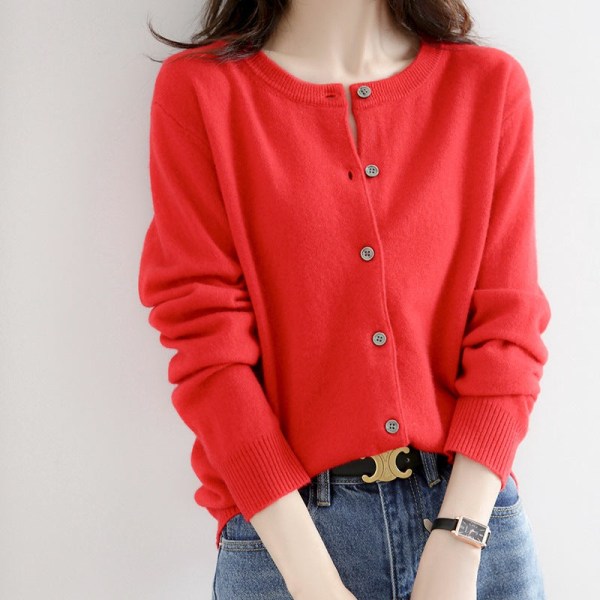 Kvinder Strik Efterår Vinter Sweater Cardigan O-hals Kort Uld Cardigan Coat Bright red L