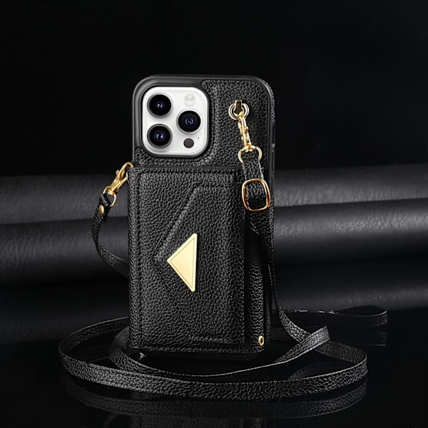 Etui til iPhone15Promax sort lang snor harmonika crossbody kortholder slot