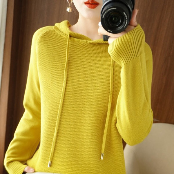 Kvinnor Stickad Höst Vinter Tröja Huva koreansk stil Enfärgad Luvtröja Luvtröja Cardigan Coat Mustard yellow XL