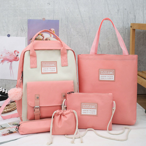 Kouluopiskelijareppu College Bookbag Matkalaukku Viisiosainen set Kontrastiväri Suuri kapasiteetti Canvas Pink