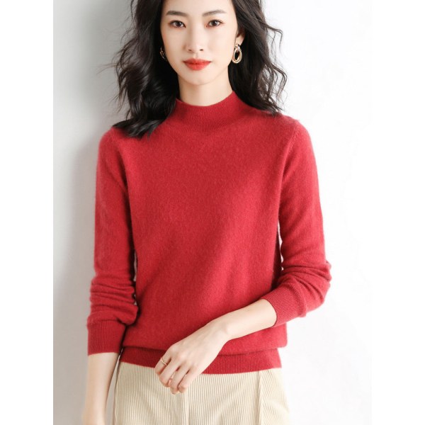 Damestrik Høst Vinter Genser Løs Mock Neck Pullover Bunnskjorte Løs pluss størrelse Red S