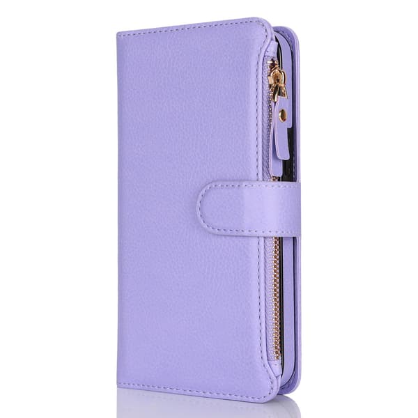 Etui til iPhone 13 6.1 lilla multifunktionel solid lynlås armbånds-pung multi-kort læder