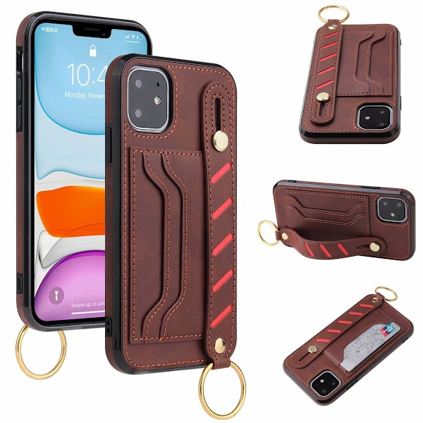 Fodral för iPhone 13 Mini brun handledsrem multifunktionellt kortfack läder