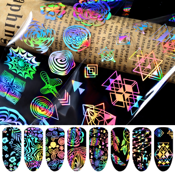 Negledekorasjoner for Nail Art Laser Star Sky Stickers Termisk overføring Blomst Drømmefarge Starry Sky Paper 8 mixed laser starry sky paper