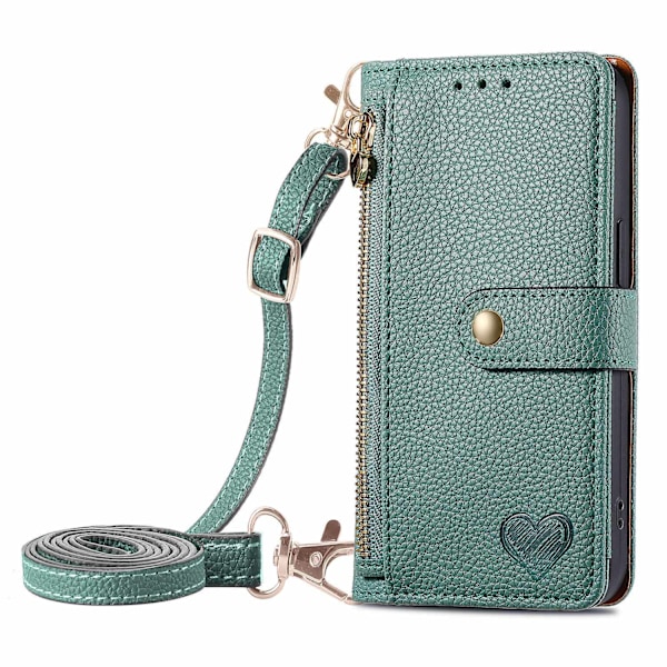 Fodral för iPhone 14 Pro grön [lång crossbody-rem] Source love läder PU litchimönster anti the