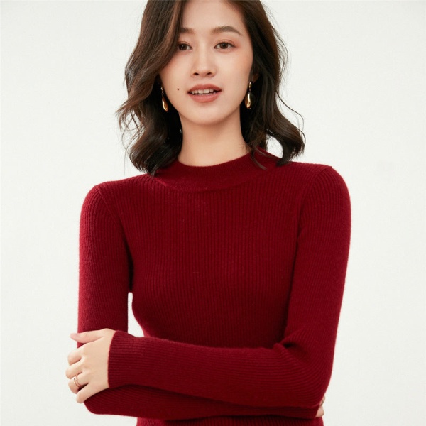Damestrik efterår vinter sweater halvhøj krave indre match base skjorte ensfarvet slim fit Wine Red XL