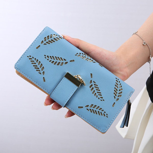 Kvinner lommebok myntveske Lange koreanske clutch blader hule PU lær clutch glidelås kortholder Blue