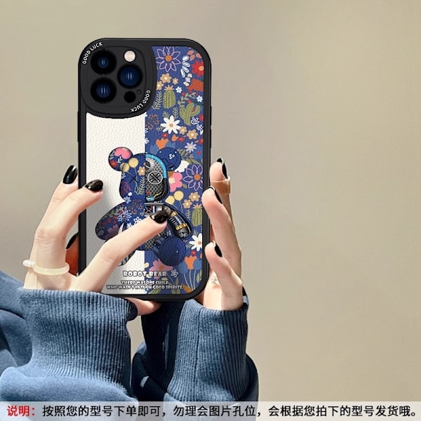 Etui til iPhone 14 Pro Max klassisk sort blå plante voldelig bjørn malet lammeskind