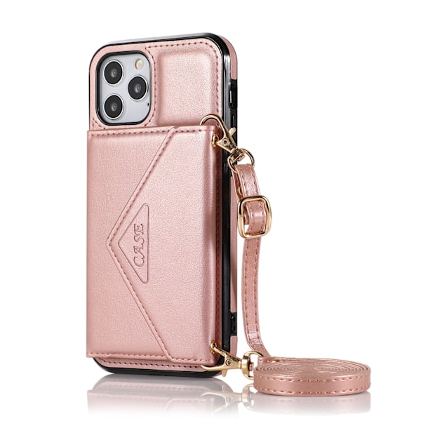 Kotelo iPhone 13PRO:lle, ruusukullan värinen, monitoiminen lompakkokorttipaikka ja crossbody-hihna