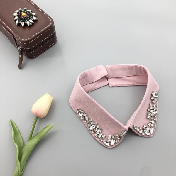 Jente falsk krage for kvinner Rutet/brun Hmade Rhinestone Ornament Liten rund hals genser hals Pink White Diamond