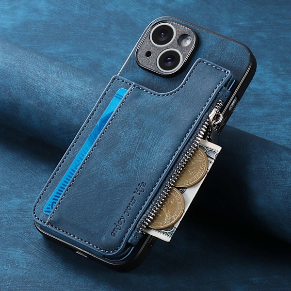 Etui til iPhone 13 Pro Max blå eksport multi-kort business retro lynlås opbevaring læder
