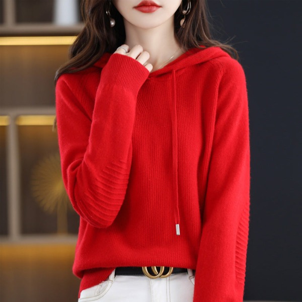 Kvinder Strik Efterår Vinter Sweater Hættetrøje Hættetrøje Lazy Coat Red XL
