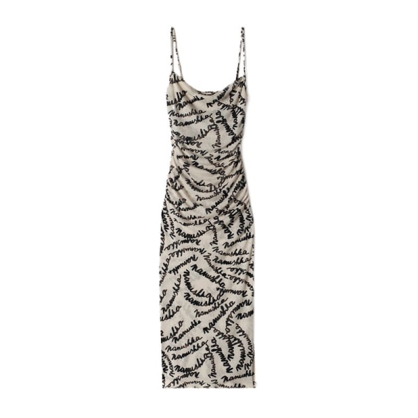 Square Collar Stretch Slim Fit Printing Slip Dress Mid-Length Beige L