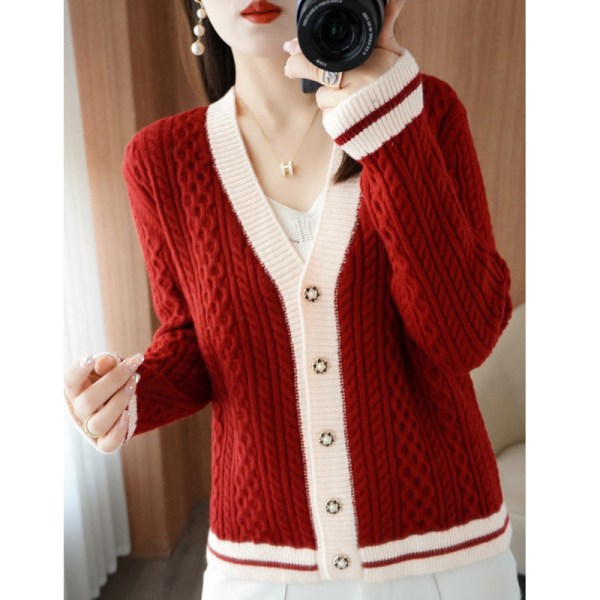 Kvinder Strik Efterår Vinter Sweater V-hals Farveblok Twisted Cardigan Baggy Coat Red L