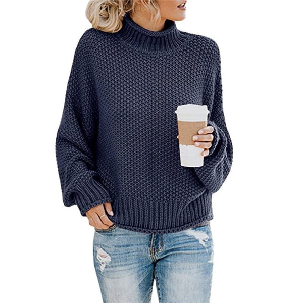 Kvinder Strik Efterår Vinter Sweater Dametøj Tykt Tråd rullekrave Pullover Navy blue XL