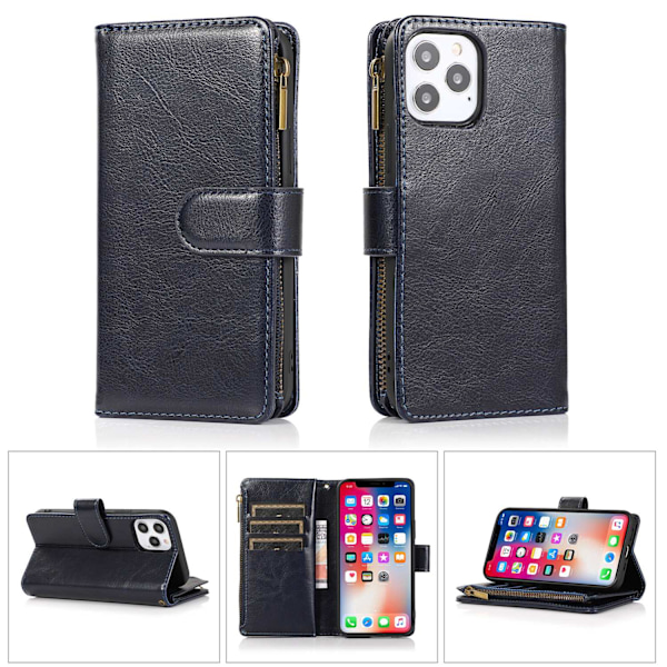 Etui til iPhone 13 mini 5.4 blå læder multifunktionel pung ni kort