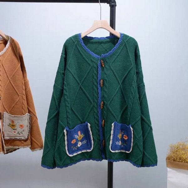 Kvinnor Stickat Höst Vinter Tröja Horn Knapp Cardigan All-Match Liten Blomma Idle Style Konstnärlig kappa Orange M