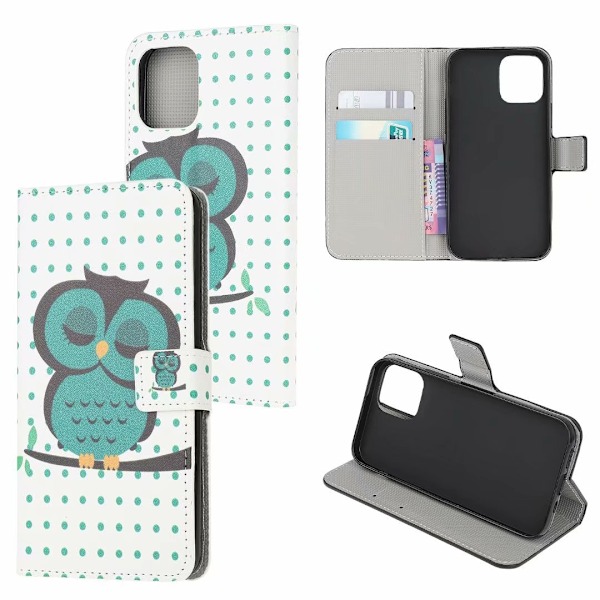 Etui til iPhone 13 Pro Polka dot ugle malet læder kort slot pung print